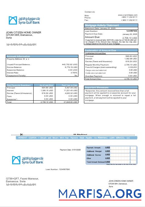 Realistic Syrian Gulf Bank mortgage statement in Word and PDF formats sample